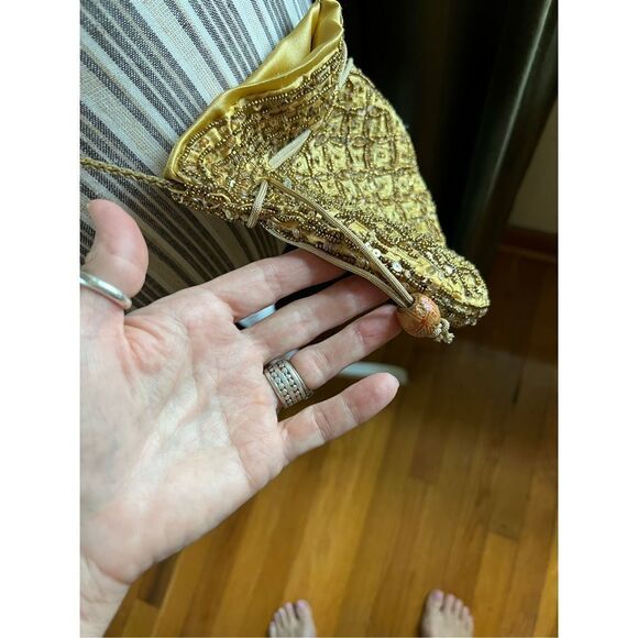 Gold satin beaded evening bag cross body purse - Picture 5 of 9